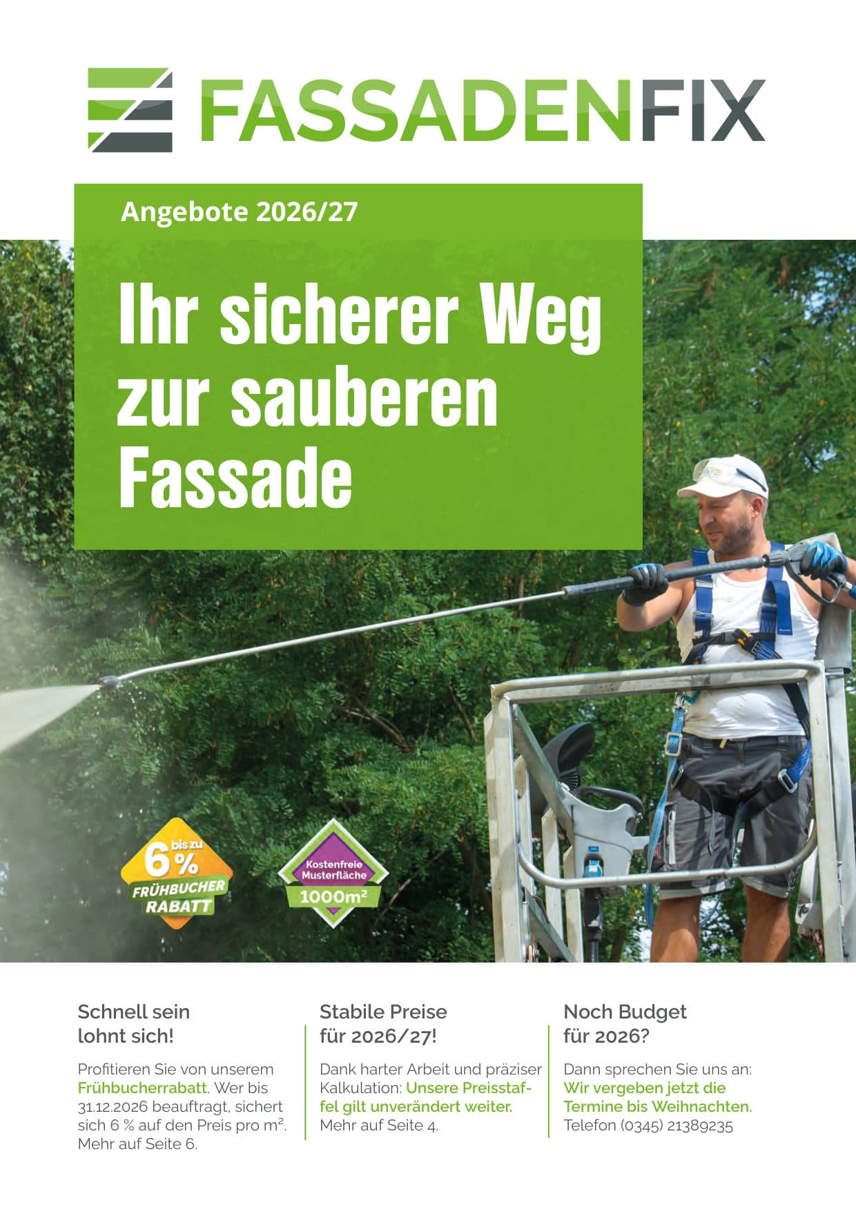 Titelseite: FassadenFix® Angebote 2026/27 – Ihr sicherer Weg zur sauberen Fassade; Frühbucherrabatt bis zu 6 %, kostenfreie 1.000 m² Musterfläche, stabile Preise und freie Termine bis Weihnachten