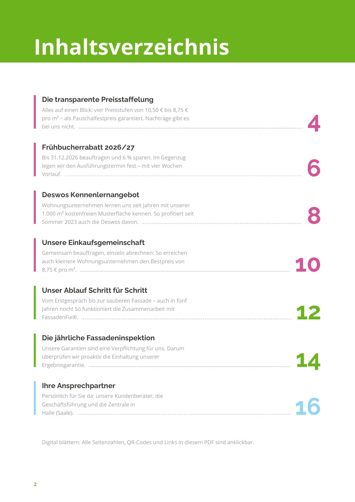 Seite 2: Inhaltsverzeichnis – Preisstaffel, Frühbucherrabatt, Deswos Kennenlernangebot, Einkaufsgemeinschaft, Ablauf, Fassadeninspektion und Ansprechpartner
