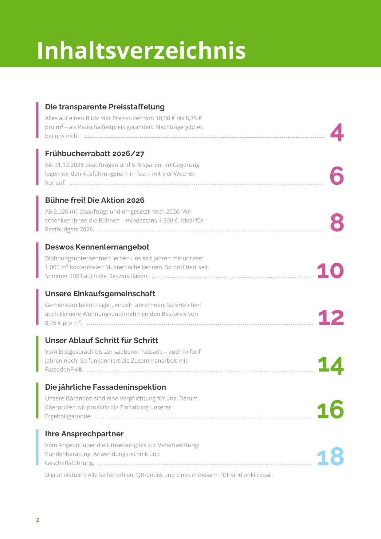 Seite 2: Inhaltsverzeichnis – Preisstaffel, Frühbucherrabatt, Bühne frei! Die Aktion 2026, Deswos Kennenlernangebot, Einkaufsgemeinschaft, Ablauf, Fassadeninspektion und Ansprechpartner