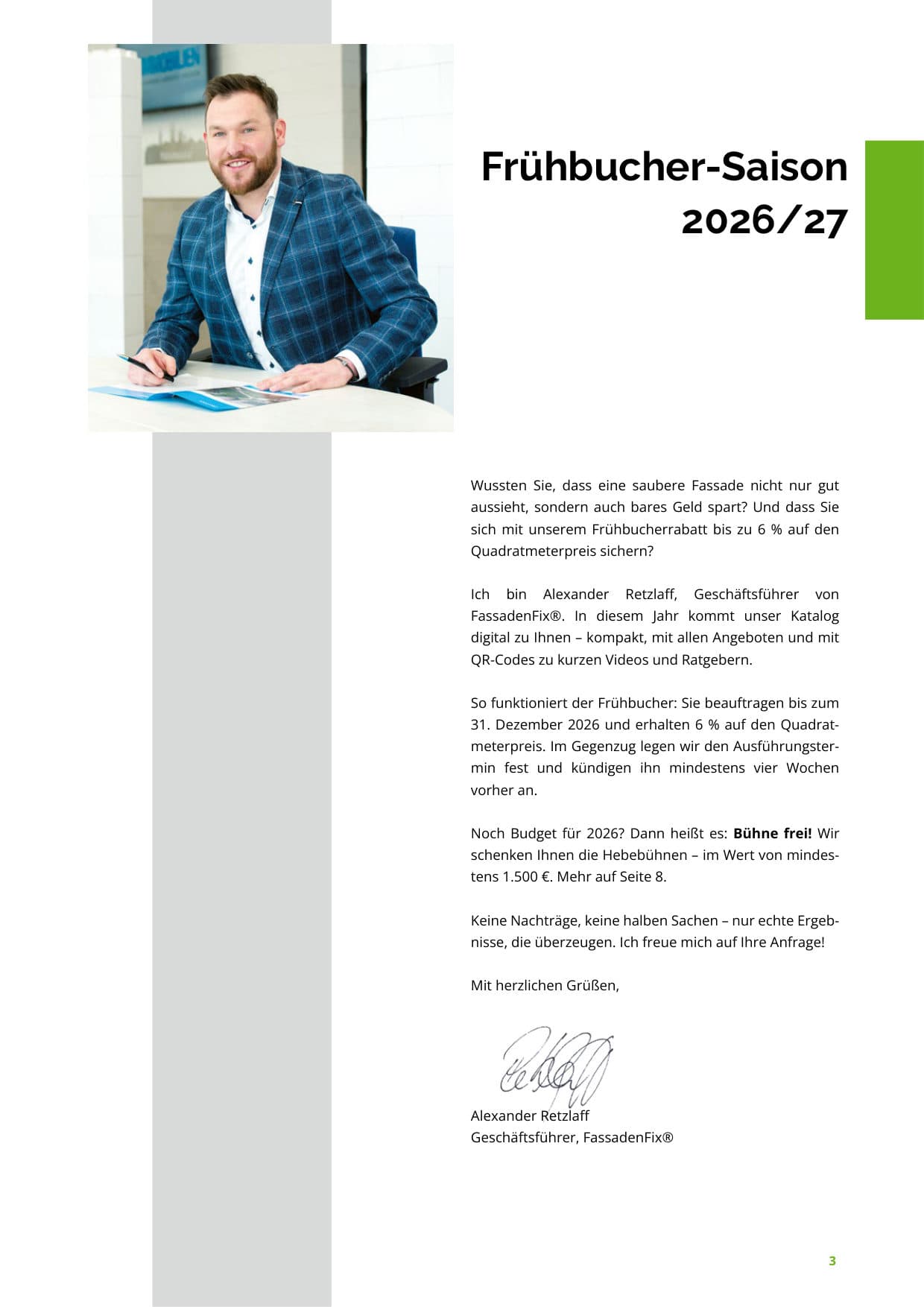Seite 3: Vorwort von Geschäftsführer Alexander Retzlaff zur Frühbucher-Saison 2026/27
