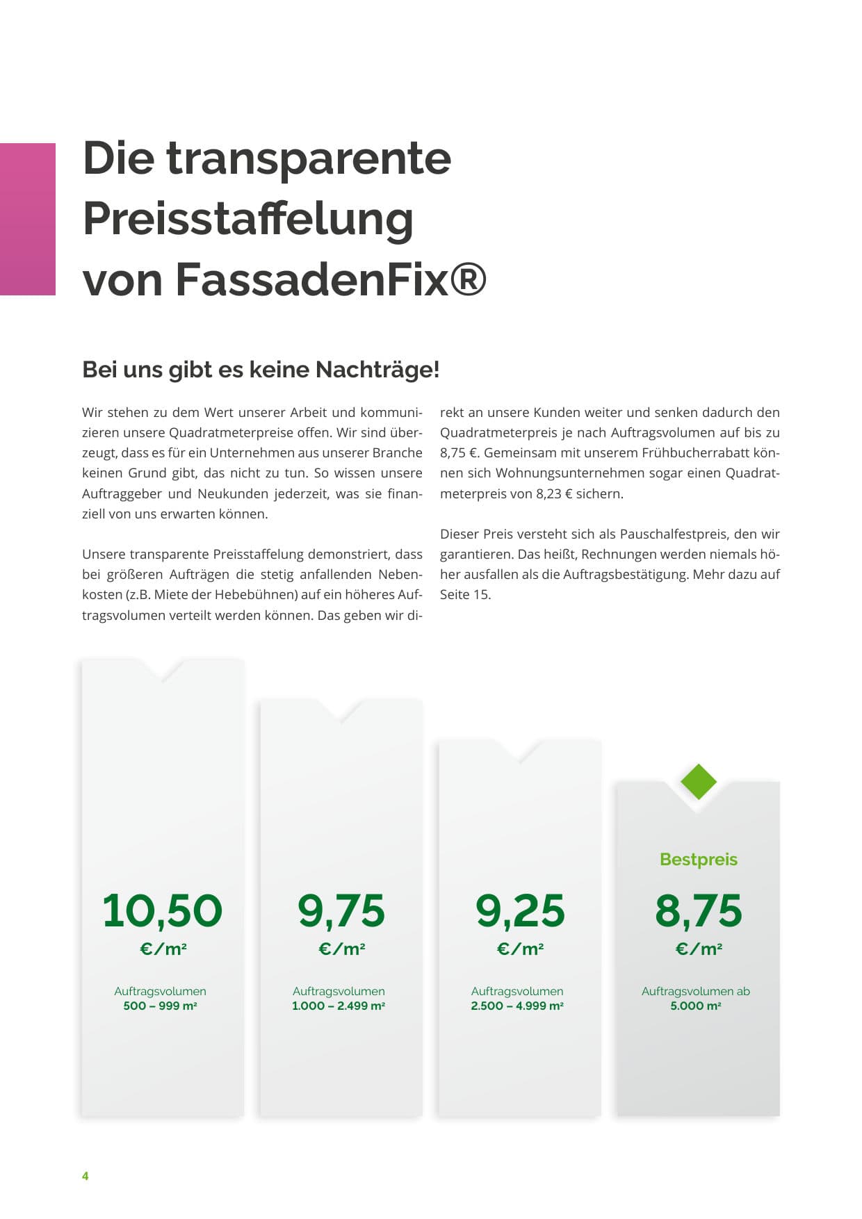 Seite 4: Die transparente Preisstaffelung – 10,50 €, 9,75 €, 9,25 € und 8,75 € pro m² je nach Auftragsvolumen, als Pauschalfestpreis ohne Nachträge