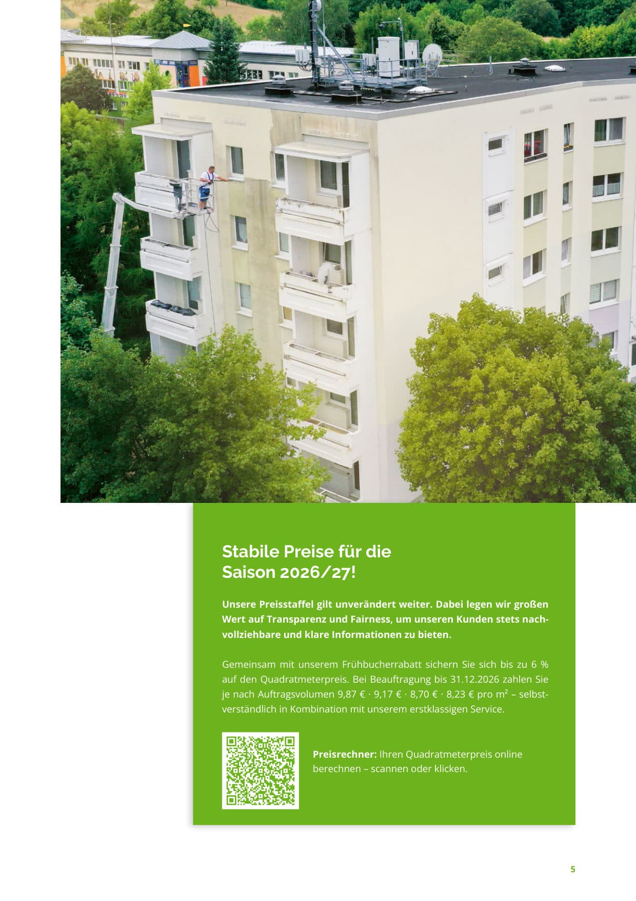 Seite 5: Stabile Preise für die Saison 2026/27 – mit 6 % Frühbucherrabatt 9,87 €, 9,17 €, 8,70 € und 8,23 € pro m²; QR-Code zum Preisrechner