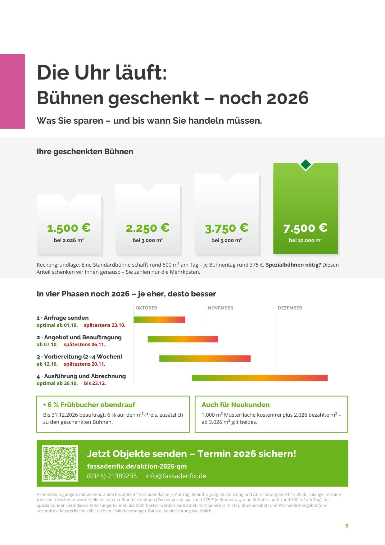 Seite 9: Die Uhr läuft – Bühnen geschenkt noch 2026: 1.500 € bei 2.026 m² bis 7.500 € bei 10.000 m²; vier Phasen: Anfrage senden optimal ab 01.10., spätestens 23.10.; Angebot und Beauftragung ab 07.10., spätestens 06.11.; Vorbereitung ab 12.10., spätestens 20.11.; Ausführung und Abrechnung optimal ab 26.10. bis 23.12.; 6 % Frühbucher obendrauf, auch für Neukunden; QR-Code zur Aktion