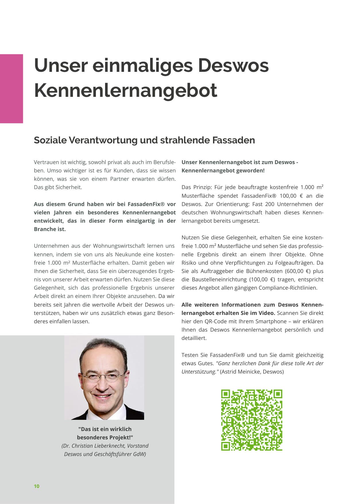Seite 10: Das Deswos Kennenlernangebot – 1.000 m² kostenfreie Musterfläche für Neukunden, 100 € Spende an die Deswos; QR-Code zum Video