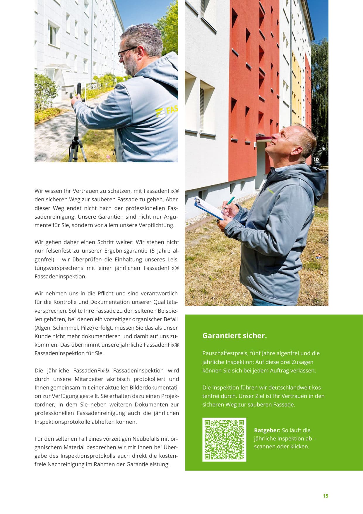 Seite 15: Garantiert sicher – Pauschalfestpreis, fünf Jahre algenfrei und jährliche Inspektion; QR-Code zum Ratgeber