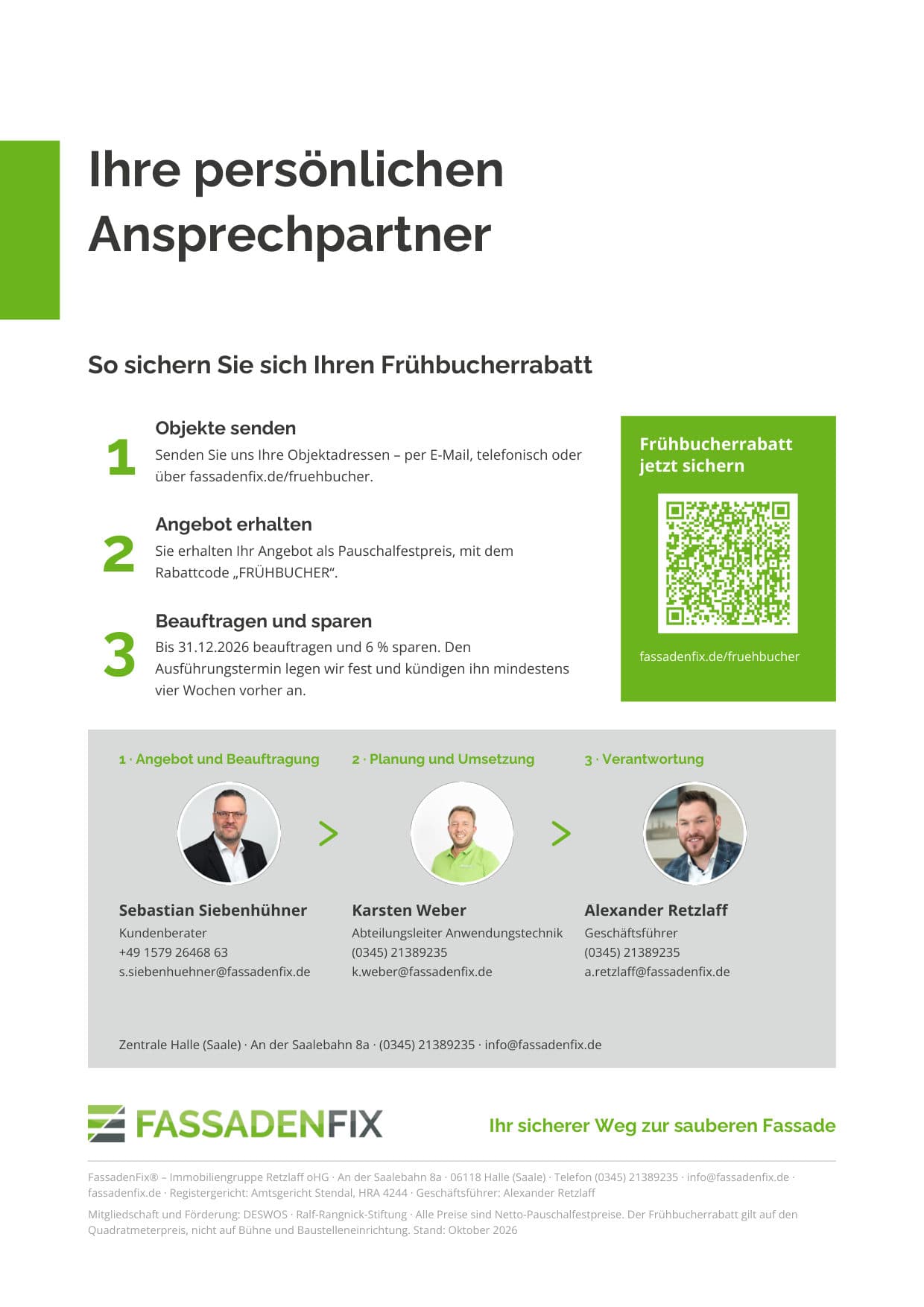 Seite 18: Ihre persönlichen Ansprechpartner als Kette – Sebastian Siebenhühner (Angebot und Beauftragung), Karsten Weber (Planung und Umsetzung), Alexander Retzlaff (Verantwortung) – und die drei Schritte zum Frühbucherrabatt