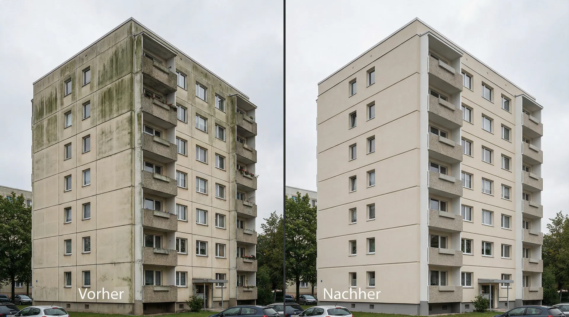 Fassadenreinigung Vorher-Nachher-Vergleich — Plattenbau