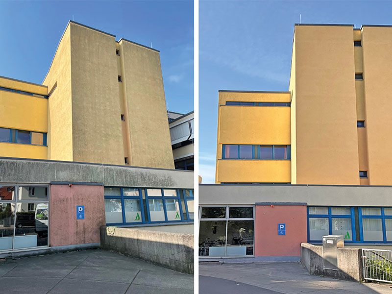 Vorher-Nachher-Bild von der professionellen Fassadenreinigung für die Albert Schweitzer Schule
